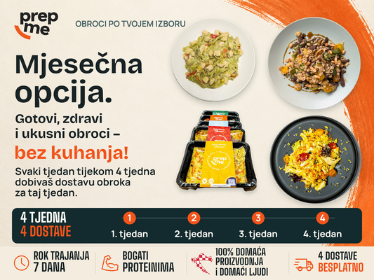 PrepMe mjesečna opcija: gotovi, zdravi i ukusni obroci bez kuhanja, 4 tjedna i 4 besplatne dostave obroka po izboru.