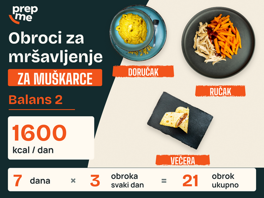 Obroci za mršavljenje za muškarce - Balans 2 – 1600 kcal / dan, 7 dana, 3 obroka svaki dan, 21 obrok ukupno.