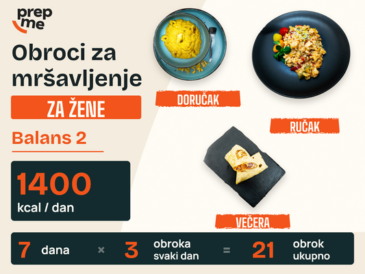 Obroci za mršavljenje za žene - Balans 2 – 1400 kcal / dan, 7 dana, 3 obroka svaki dan, 21 obrok ukupno.