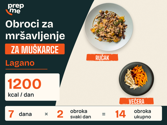 Obroci za mršavljenje za muškarce - Lagano – 1200 kcal / dan, 7 dana, 2 obroka svaki dan, 14 obroka ukupno.