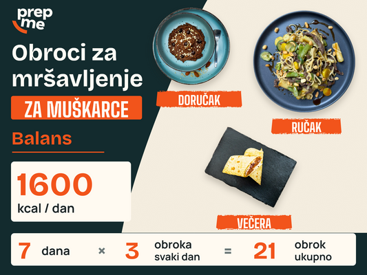 Obroci za mršavljenje za muškarce - Balans – 1600 kcal / dan, 7 dana, 3 obroka svaki dan, 21 obrok ukupno.