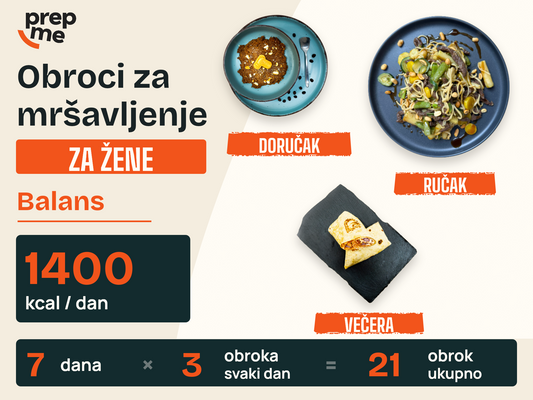 Obroci za mršavljenje za žene - Balans – 1400 kcal / dan, 7 dana, 3 obroka svaki dan, 21 obrok ukupno.
