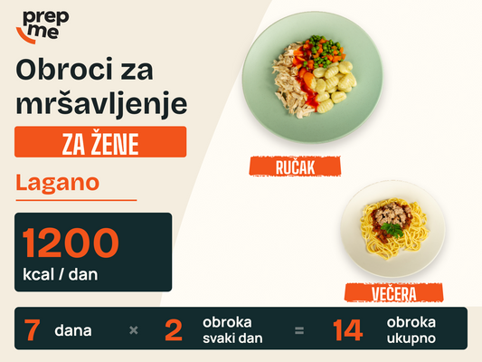 Obroci za mršavljenje za žene - Lagano – 1200 kcal / dan, 7 dana, 2 obroka svaki dan, 14 obroka ukupno.
